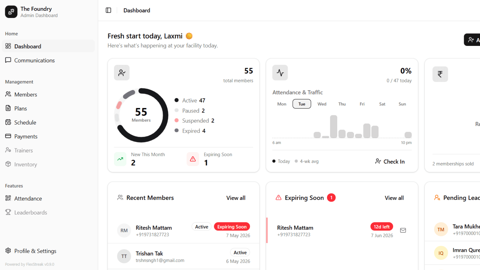 Dashboard with donut chart, cards