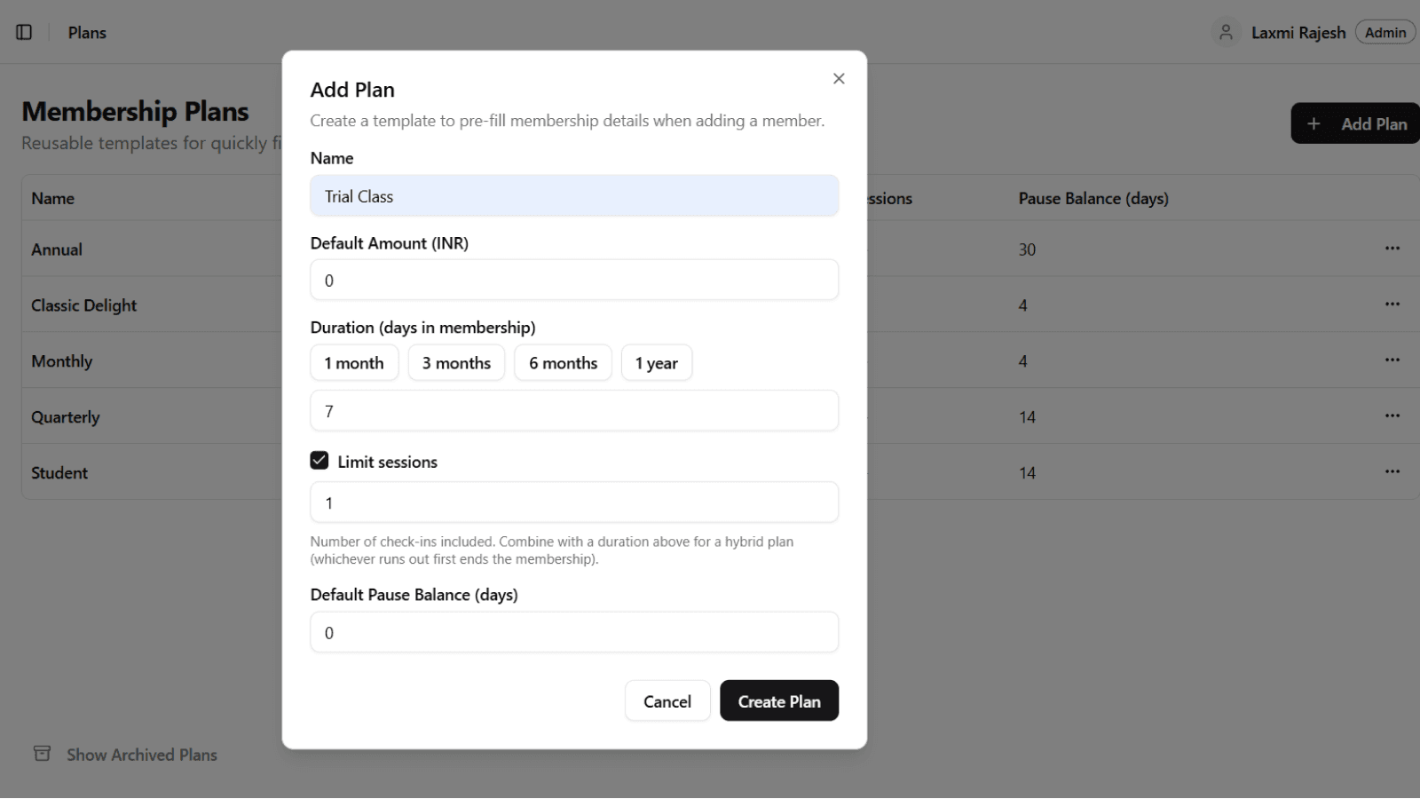 Plans page